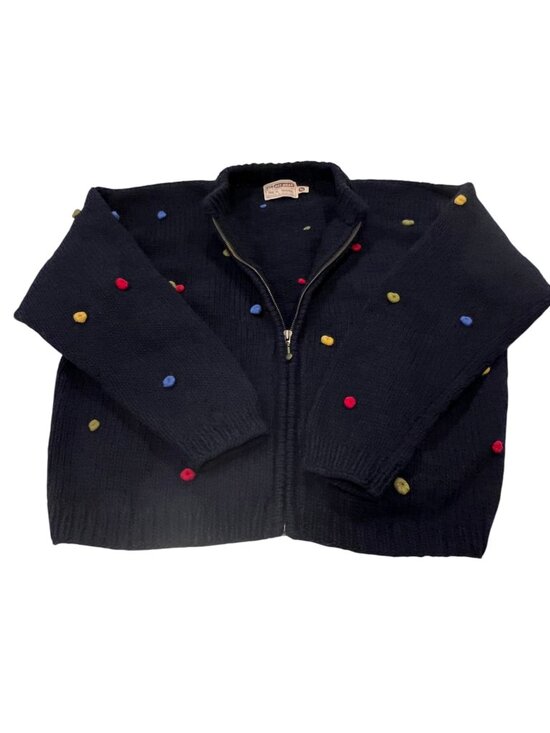 Rey Wear Sweaters - Rey Wear Vtg Bolivian Wool Pom Zip Cardigan, Navy, S/M